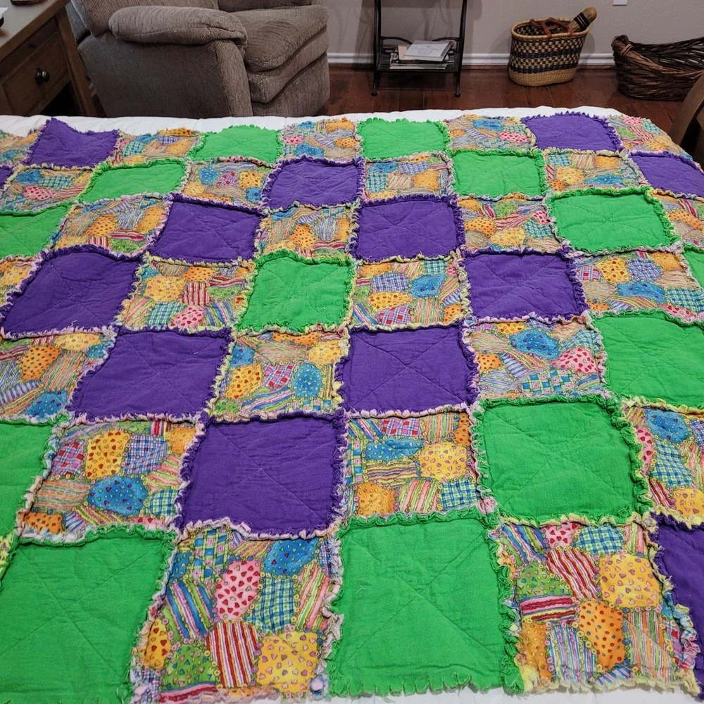 Handmade Rag Quilt College Station TX Cathy Catron‎ Purple Green Pink Yellow
